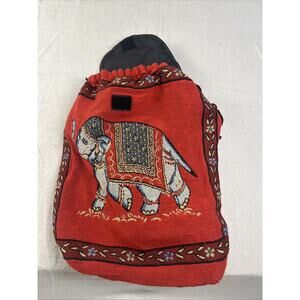 Canvas Backpack Elephant Pattern Adjustable Straps‎ Handmade Drawstrings, Red